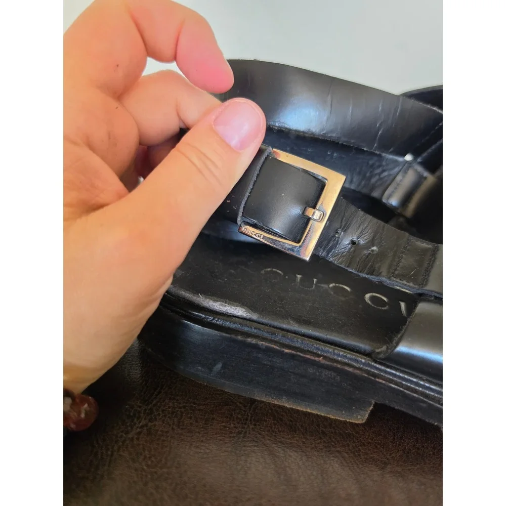 Gucci Black Leather Square Toe Minimalist‎ Buckle Slingback Sandals sz 7.5D